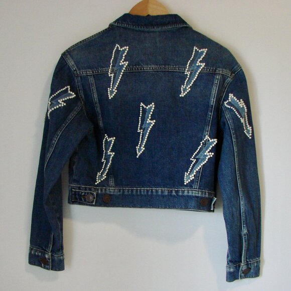 Sandro Denim Jean Jacket Pearl Embellished Lightning Bolt Size 42 FR or 10 - Picture 11 of 16